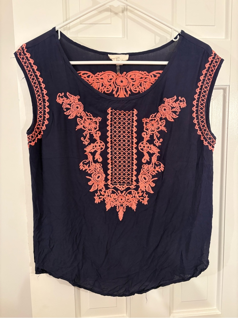 Navy Sleeveless Embroidered Blouse with Coral Accents